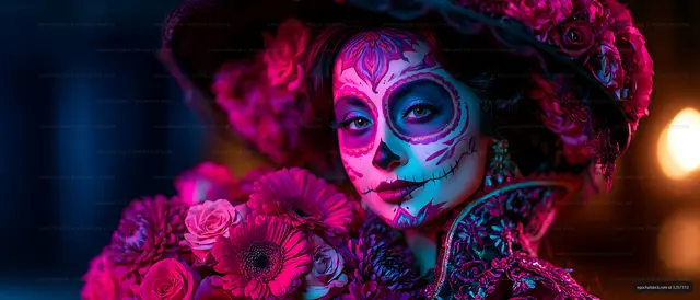 Woman with floral face paint surrounded by flowers