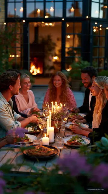Candlelit outdoor dinner with friends at dusk
