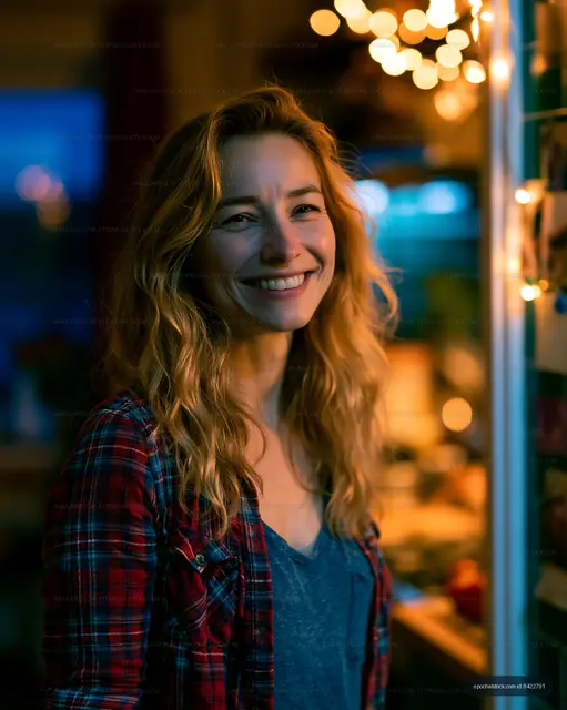 Smiling woman in casual clothes with warm lights in background