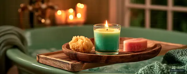 Cozy wellness still life with candle and bath essentials