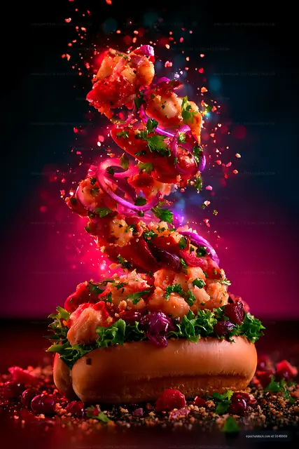 Gourmet shrimp hot dog with colorful herbs and toppings