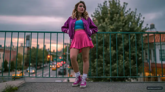 Young woman in vivid streetwear overlooking city traffic