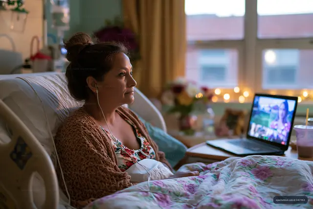 Woman listening to earphones beside a laptop in bed