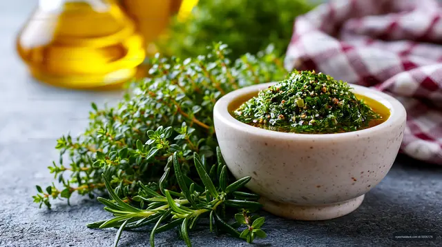 Green herb sauce surrounded by fresh culinary herbs