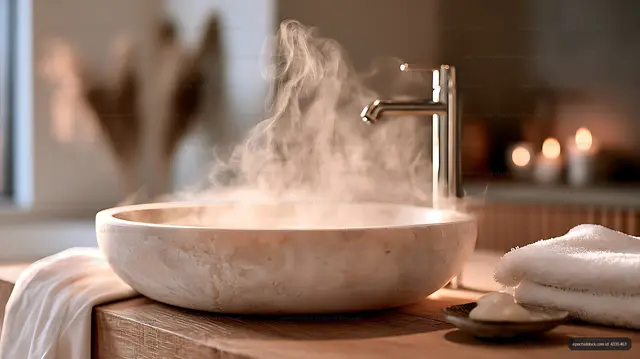 Steaming bathtub with towels and candles in a spa-like bathroom