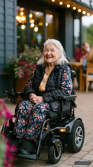 Joyful older woman seated in a wheelchair near a cafe