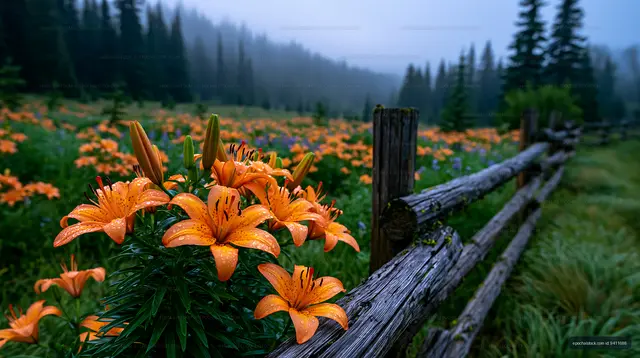Orange lily flowers and rustic fence after rain
