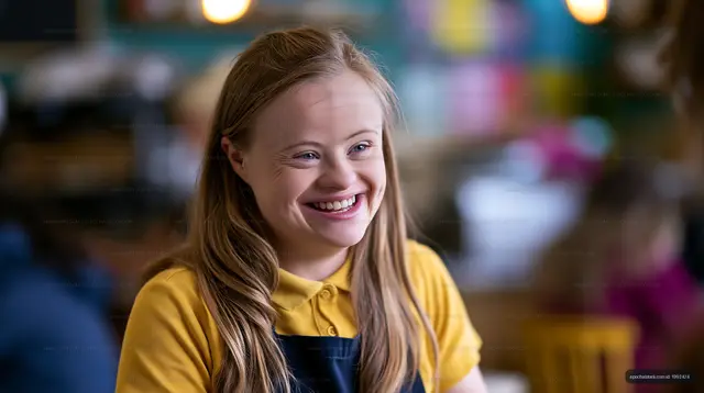 Joyful girl wearing yellow shirt and apron