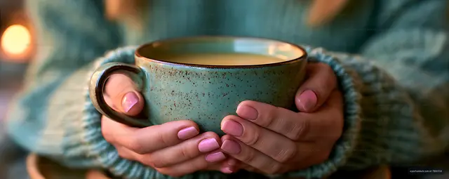 Cozy close-up of hands embracing a warm mug