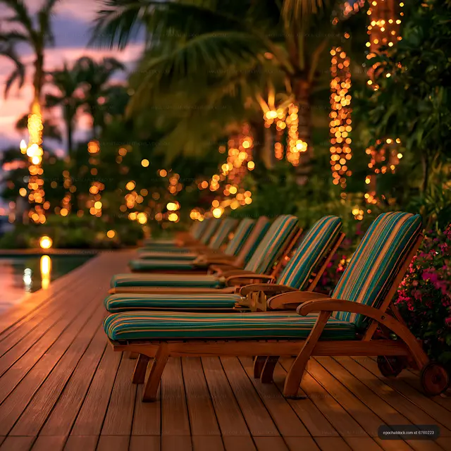 Striped sun loungers beside a warmly lit tropical pool