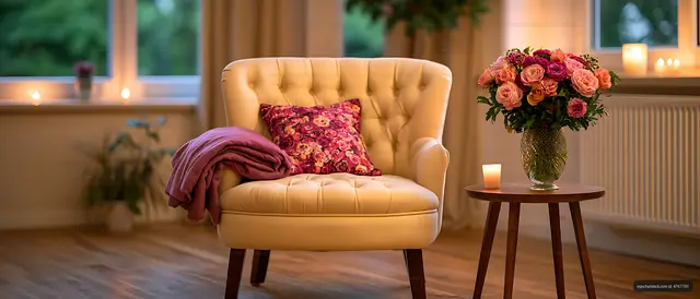Elegant cozy armchair setting with floral bouquet and soft candlelight