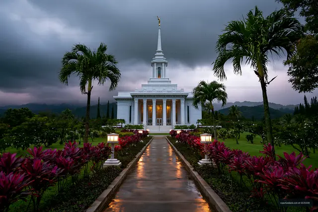 White temple and reflective garden walkway under stormy skies
