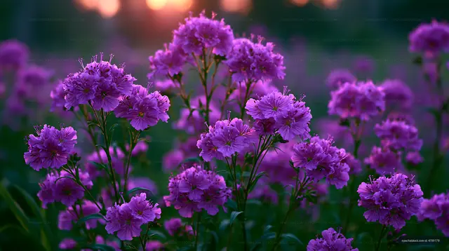 Purple flowers blooming at sunset in a field