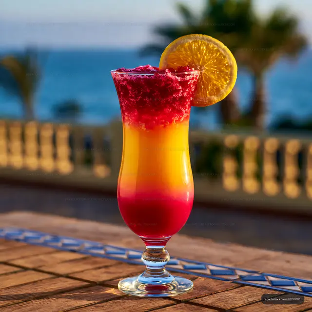 Vibrant layered fruit beverage on a poolside table