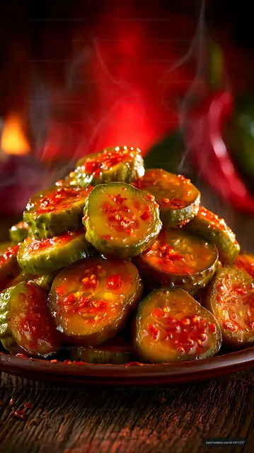 Spicy sauced cucumber slices in dramatic warm light