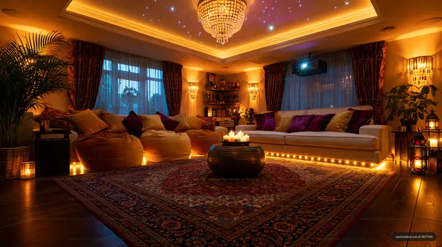 Warm luxurious lounge interior with sofas and decorative lighting