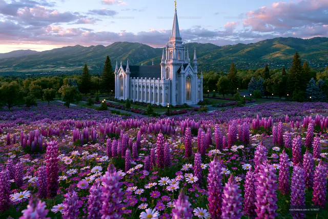 White spired temple among purple flowers and mountain scenery