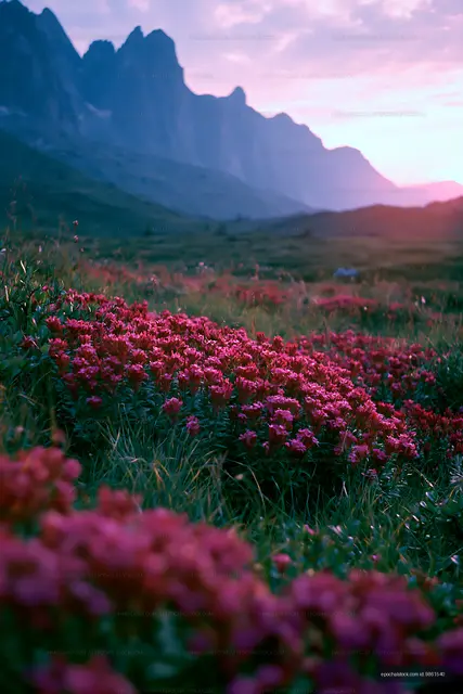 Colorful flowers bloom in the valley under a mountain sunset