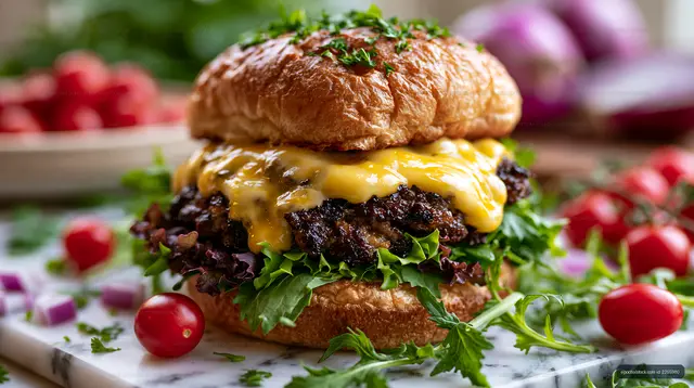 Gourmet cheeseburger topped with melted cheese and fresh greens