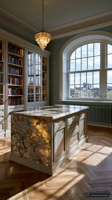 Classic kitchen interior with marble island and city view