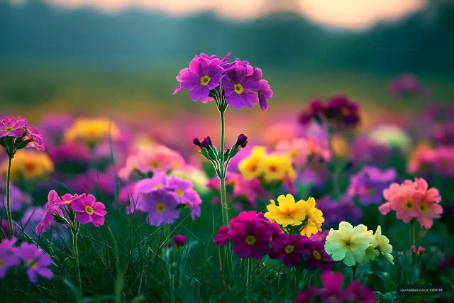 Colorful flowers blooming in a field during sunset