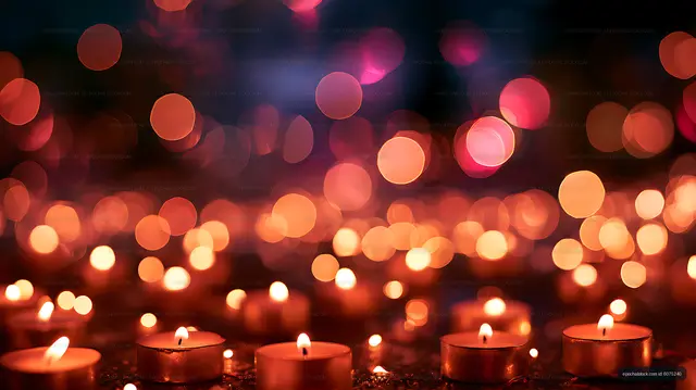 Lit candles beneath vibrant bokeh lights