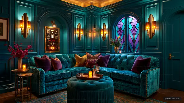 Opulent teal living room with velvet sofa and colorful window