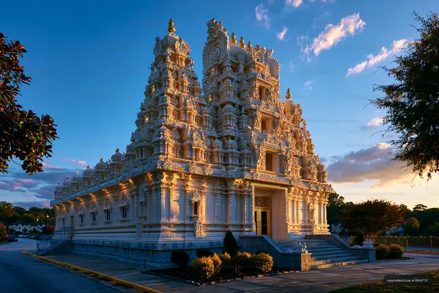 Detailed Hindu temple facade under a colorful sunset sky