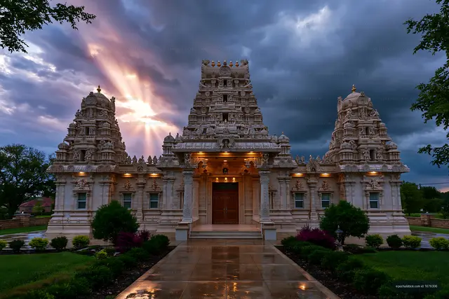 Illuminated Hindu temple with reflective walkway at sunset