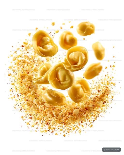 Golden tortellini suspended above crunchy crumbs