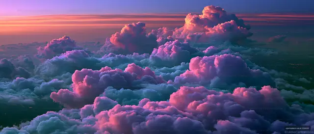 Aerial view of glowing clouds at sunset