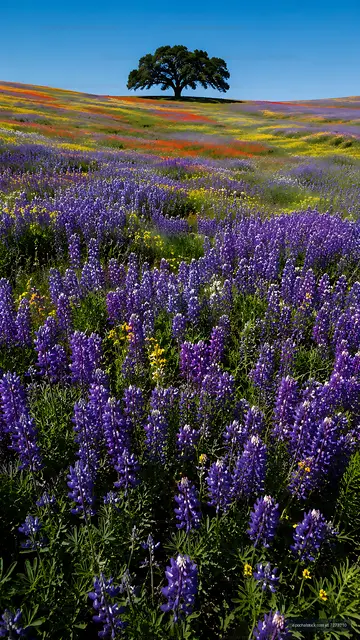 Purple wildflowers bloom in a field under a clear blue sky