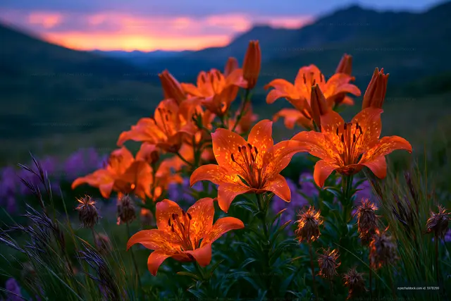 Orange lily flowers in a scenic mountain meadow at dusk