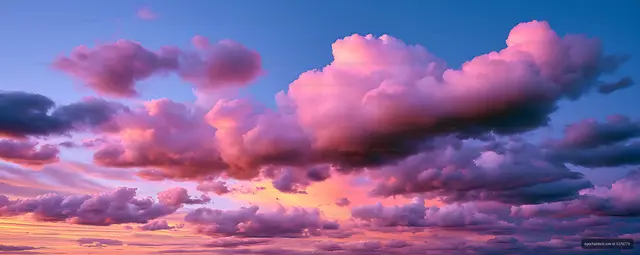 Panoramic pink clouds glowing in sunset light