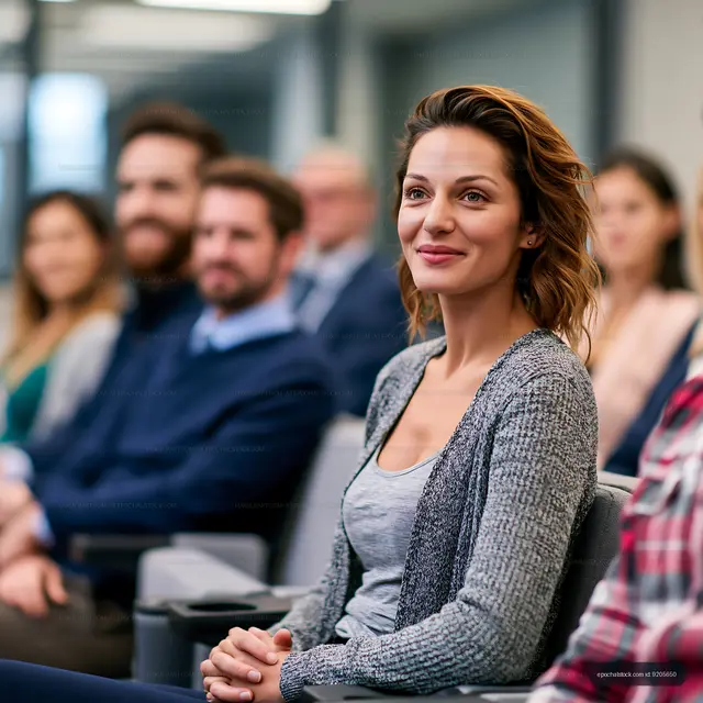 Smiling woman with clasped hands in audience