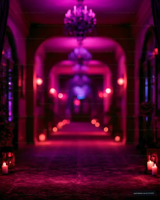 Romantic purple-lit aisle with candles and floral arches