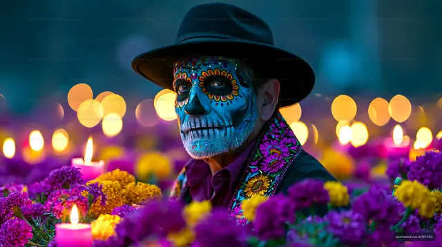 Person with skull-inspired face paint surrounded by flowers