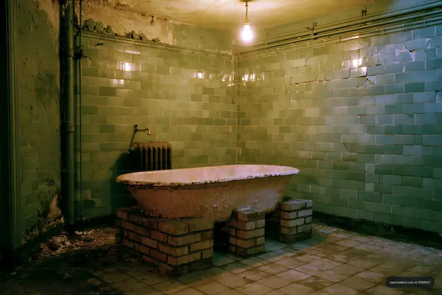 Old bathtub surrounded by cracked tiles and exposed pipes