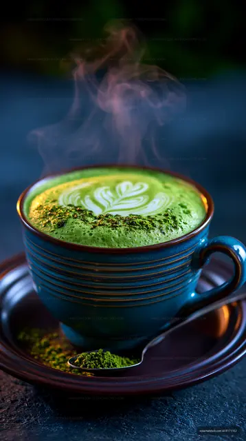 Matcha latte in blue cup with steam and green froth
