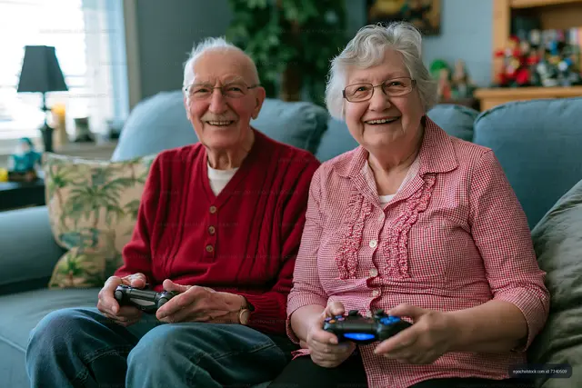 Elderly couple playing video games on a couch at home