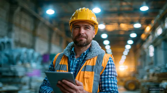 Construction worker with tablet in industrial building