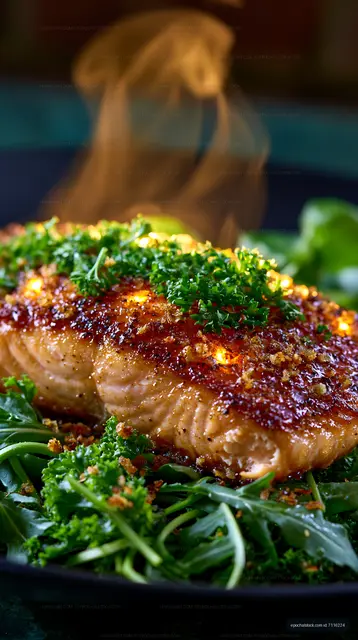 Roasted glazed chicken breast on a bed of greens