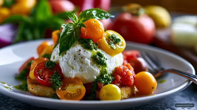 Creamy burrata plated with tomatoes and herb pesto