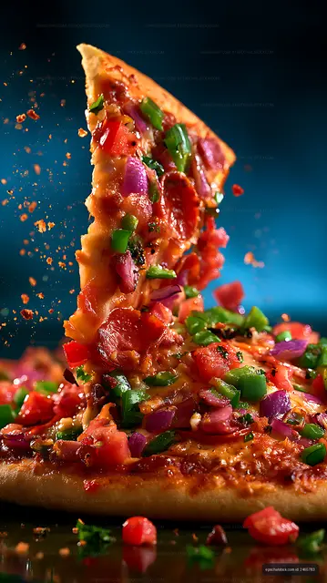 Vegetable pizza slice with colorful toppings and motion