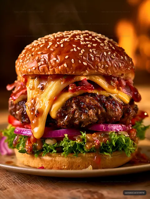 Gourmet cheeseburger with melted cheese and vegetables
