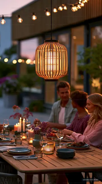 Candlelit outdoor meal under a glowing lamp