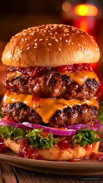 Juicy double cheeseburger on a plate