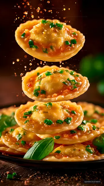 Savory dumpling stack with herbs and glossy sauce