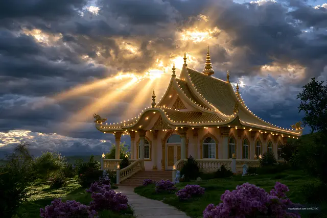 Ornate temple glowing beneath stormy sunset sky