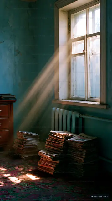 Newspaper stacks illuminated beside a vintage window